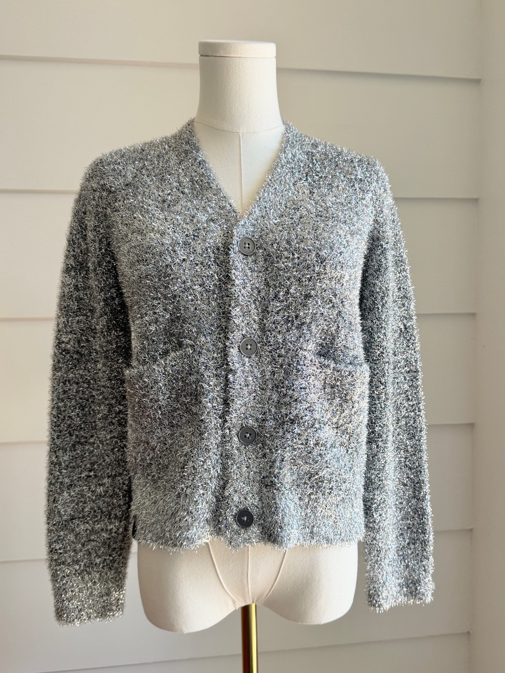 Izzue Lurex Detail V Neck Cardigan Metallic Silver M